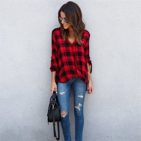 Surplice Deep V Tie Sleeve Plaid Flannel Blouse - Picture 4 of 5